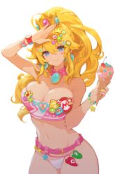 1girls arm_up belt big_breasts bikini blonde_hair blue_eyes breasts buckle busty cleavage cleavage_cutout clothing_cutout female female_only food heart heart_cutout highres ice_cream large_breasts legs looking_at_viewer mario_(series) mushroommirror nail_polish navel nintendo panties ponytail princess_peach smile solo strapless swimsuit thighs tube_top underwear voluptuous rating:Questionable score:108 user:spk120