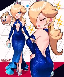 1girls 1other ass backless_outfit bare_shoulders blonde_hair blue_eyes breasts cleavage cleavage_cutout clothing curvy dress earrings female female_focus hair_over_one_eye heart heels luma mario_(series) multiple_views princess_rosalina sarukaiwolf solo solo_focus standing super_mario_galaxy rating:Questionable score:173 user:RatherNotSay