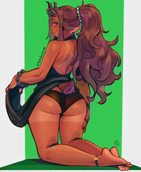 1girls animal_ears anklet ass brown_hair butt dark-skinned_female dark_skin dress dress_lift eymbee female female_only freckles hi_res horns humanoid jackalope jackaye kneeling long_hair looking_at_viewer looking_back looking_back_at_viewer narrowed_eyes panties pearl_bracelet ponytail short_tail smiling smiling_at_viewer solo tail tan_skin thick_thighs underwear rating:Questionable score:118 user:!nner$elf89