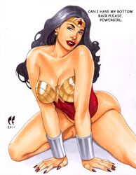 1girls big_breasts black_hair blue_eyes bottomless chris_foulkes cleavage curvaceous curvy curvy_body curvy_female curvy_figure dc dc_comics dialogue female female_only hourglass_figure light-skinned_female light_skin on_knees solo solo_female tagme voluptuous wonder_woman wonder_woman_(series) rating:Explicit score:23 user:randomaccount0897