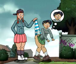 2girls amphibia amphibia_(series) black_hair blush hat jacket maggie_(amphibia) marcy_wu mswedgie123 no_sex open_mouth orange_hair secretly_likes_it secretly_loves_it simple_eyes skirt smooth_skin striped_panties wedgie rating:Questionable score:15 user:Mswedgie123