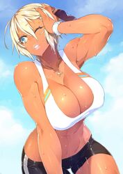 1girls abs bike_shorts blonde_hair blue_eyes breast breasts busty cleavage dark-skinned_female female female_only hair highres large_breasts lipstick makeup muscular_female necklace original sela_(sela_god) sela_god short_hair short_shorts shorts solo sunglasses sweat tank_top voluptuous watch wink rating:Questionable score:306 user:Lunacy