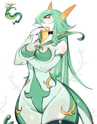 2020s 2023 blush breasts claws collar eyelashes fang female female_only furry furry_only green_body green_hair green_skin long_hair medium_breasts multicolored_body pokemon pokemon_(species) pokemon_bw red_eyes serperior snake snake_girl tongue usa37107692 vines white_skin rating:Safe score:147 user:AshAndDust