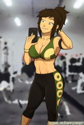 1girls abs alternate_universe armband armpits avatar_the_last_airbender bare_arms bare_calves bare_midriff bare_shoulders big_breasts breasts brown_hair busty calves child_bearing_hips cleavage clothing confident earth_kingdom female female_focus female_only gym jin_(avatar) large_breasts long_hair modern_au mrpotatoparty navel nickelodeon ponytail pose posing selfie smile snapchat solo sport sports_bra sportswear standing straight_hair sweat sweating sweaty_breasts text tied_hair voluptuous watermark wide_hips yoga_pants rating:Questionable score:265 user:spk120