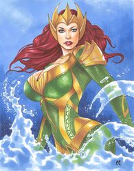 1girls aquaman_(series) armor artist_signature blue_background blue_eyes breasts chris_foulkes cleavage clothed clothes crown curvaceous curvy curvy_female curvy_figure dc dc_comics eyes_open female female_only fully_clothed gold_jewelry green_clothing hourglass_figure large_breasts light-skinned_female light_skin long_hair looking_at_viewer mera neutral_expression red_hair red_lipstick small_waist solo tiara torso_shot voluptuous voluptuous_female watercolor rating:Questionable score:60 user:randomaccount0897