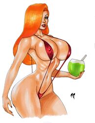 1girls artist_logo bikini chris_foulkes cleavage coconut_drink curvaceous curvy curvy_female curvy_figure daikkenaurora disney drinking_from_coconut erect_nipples_under_bikini eyeshadow female female_only green_eyes hair_over_one_eye holding_coconut_drink hourglass_figure huge_breasts jessica_rabbit light-skinned_female light_skin lipstick long_hair long_red_hair looking_at_viewer one-piece_swimsuit red_bikini red_hair round_breasts sideboob sling_bikini solo solo_female voluptuous voluptuous_female white_background who_framed_roger_rabbit rating:Explicit score:68 user:randomaccount0897