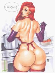 1girls 2019 apron arm_gloves ass back chris_foulkes cooking curvaceous curvy curvy_female curvy_figure disney english_text eyeshadow female female_only green_eyes hair_over_one_eye hourglass_figure jessica_rabbit kitchen light-skinned_female light_skin long_hair long_red_hair looking_back_at_viewer red_hair sideboob solo solo_female speech_bubble stove tagme talking_to_viewer text thighhighs underboob voluptuous voluptuous_female who_framed_roger_rabbit rating:Explicit score:123 user:randomaccount0897