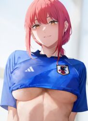 1girls 92_brks ai_generated braid breasts chainsaw_man crop_top female female_only fifa hi_res japan japanese large_breasts looking_at_viewer makima_(chainsaw_man) nai_diffusion national_personification red_hair shirt smile stable_diffusion sweat underboob world_cup yellow_eyes rating:Questionable score:303 user:crazybaby