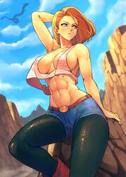 1girls abs android_18 babus_games belt blonde_hair blue_eyes blue_sky cleavage clothed dragon_ball dragon_ball_z earrings female female_abs female_only hand_behind_head large_breasts leggings muscles muscular muscular_female outdoors outside pinup posing shenron shorts solo tank_top rating:Questionable score:195 user:Zomdra