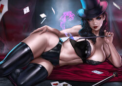 1girls absurd_res absurdres bare_arms bare_shoulders bare_skin big_breasts black_clothes black_clothing black_hair black_hat blue_eyes bra breasts busty card cards child_bearing_hips cleavage clothed clothed_female clothing dandon_fuga dc dc_comics female female_focus female_only fit fit_female hat high_resolution highres hips justice_league large_breasts large_filesize laying_on_ground laying_on_side lingerie lips lipstick long_hair looking_at_viewer magic_user magic_wand magical_girl magician on_side playing_card poker_cards red_lips red_lipstick solo solo_female solo_focus thick thick_female thick_thighs thighhighs thighs toned toned_body toned_female top_hat underwear very_high_resolution voluptuous voluptuous_female wand zatanna zatanna_zatara rating:Safe score:127 user:Hentai_Bro69