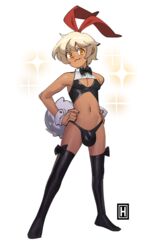 1boy :3 androgynous artist_logo ball_bulge black_thighhighs blonde_hair blouse bulge bunny_ears bunny_outfit bunny_tail bunnysuit cleavage crossdressing cuffs dark-skinned_femboy dark-skinned_male dark_skin femboy full_body girly hands_on_hips helm_(thehelmetguy) hi_res light-skinned_male light_skin lingerie looking_at_viewer male male_only medium_hair neck_ribbon orange_eyes panties penis_bulge shirt smiling smiling_at_viewer solo sparkles stockings tail thehelmetguy thighhighs thong white_background wrist_cuffs rating:Questionable score:105 user:!nner$elf89