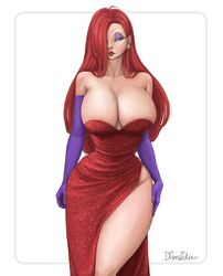 1girls arm_gloves artist_signature cleavage cleavage_overflow dismaiden disney dress earrings eyeshadow female female_only green_eyes hair_over_one_eye hands_on_hips hourglass_figure huge_breasts jessica_rabbit light-skinned_female long_hair long_red_hair red_hair solo thick_thighs who_framed_roger_rabbit rating:Explicit score:107 user:deleted106046