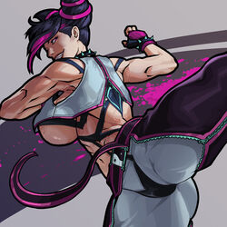 1girls absurdres action_pose asymmetrical_bangs baggy_pants bangs belt black_hair bracelet breasts capcom chaps clothed collar crop_top equinox006 evil_grin female female_only fingerless_gloves gloves hair_horns huge_breasts human juri_han kicking midriff muscles muscular_female navel pants partially_unzipped pink_eyes pink_hair sideboob smile solo spiked_bracelet spiked_collar street_fighter street_fighter_6 sweat triceps two_tone_hair underboob vest ying_yang_symbol rating:Questionable score:69 user:Dyrone