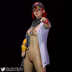 beauty_mark blue_eyes breasts choker dog_tags dusty_(fortnite) ear_piercing fist_bump flannel fortnite fortnite:_battle_royale functionally_nude_female gloves hat jacket lip_piercing navel necklace nose_piercing nude_female perky_breasts piercings pussy red_hair tattoo x_redeyes rating:Explicit score:53 user:Vald00sh