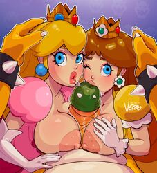 1boy 2girls areolae artist_name blonde_hair blue_eyes blush bowser breasts breasts_out brown_hair collaborative_titfuck double_paizuri dress earrings elbow_gloves female glans gloves hand_on_head huge_breasts huge_cock interspecies jewelry kissing_penis large_breasts lips looking_at_viewer male male_pov mario_(series) multiple_boys nintendo nipples one_eye_closed orange_hair paizuri penis pov princess_daisy princess_peach simple_background spiked_glans sucking_penis teamwork theartofvero thick_lips titjob uncensored vein veiny_penis watermark white_gloves rating:Explicit score:263 user:LiangXI