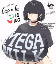 1girls 2d 2d_(artwork) big_breasts black_hair black_shirt breasts breasts_bigger_than_head clothed clothing curvaceous curvy english_text eyebrows_visible_through_hair eyelashes eyelashes_visible_through_hair eyes female female_only female_solo hair heart huge_breasts internal_monologue iyarin large_breasts light-skinned_female light_skin like_icon lirian_(iyarin) looking_at_viewer mega_milk oc original_character panties pubic_hair purple_eyes retweet_icon shirt short_hair solo tagme text text_box text_bubble text_on_clothing top_heavy venus_body rating:Questionable score:436 user:deleted105978