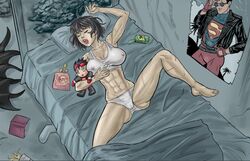 1girls abs asian asian_female athletic athletic_female barefoot batgirl batman_(series) bed bedroom big_breasts black_hair blanket book breasts bulge cameltoe cassandra_cain character_doll closed_eyes conner_kent crop_top dc_comics doll dutch_angle feet fit fit_female food from_above hair indoors kon-el large_breasts lipstick lying lying_on_back lying_on_bed messy_room nipples nipples_visible_through_clothing on_back on_bed open_mouth panties pillow poster poster_(object) pussy scar scar_on_arm scar_on_leg scars sheets shirt short_hair sketchatron sleep sleeping solo spread_legs superboy superhero superheroine superman_(series) toy unconscious underwear underwear_only white_clothing white_panties white_underwear ziggysketch rating:Explicit score:29 user:Zempso