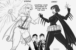 2boys 2girls ass batgirl batgirl_(cassandra_cain) batman_(series) big_ass black_and_white boyfriend-girlfriend cape cassandra_cain celebration colorless conner_kent dc dc_comics english_text female fully_clothed high_five hips kon-el large_ass male robin_(dc) robin_(tim_drake) short_hair sketchatron spoiler_(dc) stephanie_brown superboy superboy_(conner_kent) superhero superheroine superman_(series) tagme tight_clothing tim_drake wide_hips rating:Safe score:19 user:Zempso