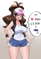 1girl achromaru aged_up blue_hair booty_shorts breasts female hat hilda_(pokemon) jean_shorts large_breasts light-skinned_female light_skin long_hair nintendo pokemon pokemon_bw ponytail short_shorts shorts slim_waist smile solo speech_bubble strip_game tank_top thick_thighs vest rating:Questionable score:118 user:LiangXI