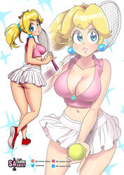 1girls absurd_res blonde_hair blue_eyes cleavage crown earrings female female_only fully_clothed long_hair looking_at_viewer mario_(series) mario_tennis nintendo pink_lips pink_lipstick ponytail princess_peach sasatseng skirt smiling smiling_at_viewer solo tennis_ball tennis_racket tennis_uniform underass rating:Questionable score:147 user:!nner$elf89