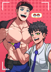 2boys abs adonis_belt big_pecs black_hair blue_eyes cap courier_(pokemon) drooling florian_(pokemon) gloves gold_eyes happy inunekostudio large_pecs larger_male male male_nipples male_only muscles muscular_male nipples open_mouth pants pecs pectoral_grab pectorals pokemon pokemon_sv shirt_lift shirt_up smaller_male smile smiling tie rating:Questionable score:123 user:Knockers