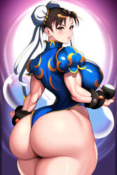 1girls ai_generated ass ass_focus big_ass big_butt brown_eyes brown_hair bubble_butt capcom chun-li looking_back_at_viewer muscle muscles muscular_female nai_diffusion stable_diffusion street_fighter thick_thighs rating:Explicit score:173 user:mxfix_mxbbin