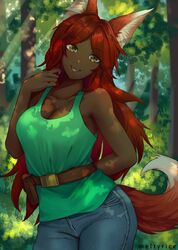 animal_ears animal_tail breasts brown_eyes clothed clothing dark-skinned_female dark_skin denim fangs forest fox_ears fox_girl fox_tail ginger_hair jeans large_breasts looking_at_viewer meltyrice_(artist) smile terraria zoologist_(terraria) rating:Safe score:208 user:The_thing69