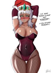 1girls angry armpits blush breasts christmas christmas_outfit cleavage corset dark-skinned_female embarrassed female_focus large_breasts latex_suit league_of_legends qiyana_yunalai qiyarts riot_games santa_hat solo_female strip_game sweat sweatdrop thick_thighs thighs rating:Questionable score:235 user:Qiya