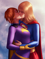 2dnsfw 2dswirl 2girls barbara_gordon batgirl blonde_hair cape dc dc_comics female female/female female_only freckles gloves kara_zor-el kissing kryptonian lesbian_kiss light-skinned_female red_hair straight_hair supergirl superheroine yuri rating:Questionable score:153 user:Zempso