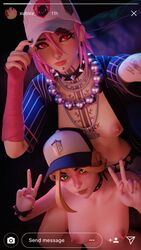 baseball_cap black_nail_polish blonde_hair choker dusty_(fortnite) earrings fortnite fortnite:_battle_royale green_eyes helsie_(fortnite) naked nose_ring partially_clothed peace_sign pink_hair red_eyes small_breasts social_media tattoos xutora rating:Explicit score:187 user:USER47007