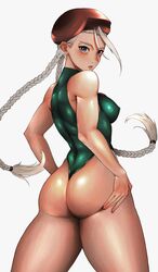 ahoge ass ass_grab bare_shoulders beret blonde_hair blue_eyes bodypaint braid breasts cammy_white camouflage capcom covered_erect_nipples curvy female fingerless_gloves gloves green_leotard hands_on_own_ass hat highleg highleg_leotard huge_ahoge huge_ass leotard long_braid long_hair looking_at_viewer looking_back medium_breasts morimakoto muscular muscular_female padded_gloves red_gloves scar skin_tight sleeveless solo standing street_fighter street_fighter_ii thighs thong_leotard twin_braids very_long_hair white_background rating:Questionable score:62 user:Misty_lover