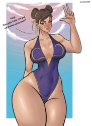 1girls bare_legs big_breasts blush breasts brown_hair capcom chun-li colacat95 female_only hips hourglass_figure legs one-piece_swimsuit speech_bubble street_fighter summer sunscreen swimsuit swimwear text thick thick_thighs thin_waist thunder_thighs wide_hips rating:Explicit score:78 user:Colacat95