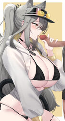 1boy 1girls absurdres alternate_costume animal_ear_fluff animal_ears arknights bikini black_bikini blush breasts censored choker cleavage collarbone commentary covered_nipples curvaceous curvy dark_skin ear_piercing earbuds earphones earpiece english_commentary extra_ears eyewear_on_head eyewear_on_headwear fellatio female grey_hair handjob_gesture hat heart-shaped_pupils highres hood hoodie huge_breasts interracial kanta_(kanta_077) licking light-skinned_female light_skin massive_breasts mosaic_censoring open_clothes open_hoodie open_mouth oral penis piercing ponytail schwarz_(arknights) solo solo_focus straight sunglasses sunglasses_on_head swimsuit swimsuit_under_clothes tail voluptuous wide_hips yellow_background yellow_eyes rating:Explicit score:184 user:bot