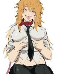 absurdres black_necktie blonde_hair breast_grab breasts chainsaw_man collar collarbone denji_(chainsaw_man) female genderswap_(mtf) grabbing grabbing_own_breast highres kurenaiz1 large_breasts long_hair looking_at_viewer midriff necktie rule_63 sharp_teeth shirt simple_background sleeves_rolled_up solo spiked_hair teeth tongue tongue_out white_background white_shirt rating:Questionable score:200 user:Omar97754