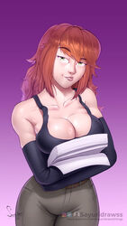 armwear big_breasts biting_lip breast_squeeze breasts cleavage commission fluffy_hair ginger_hair green_eyes inviting long_hair pov pov_eye_contact pressing_breasts_together sayuridrawsthings self_upload shiny_skin sole_female sweat sweatdrop tank_top rating:Questionable score:24 user:sayuridrawss