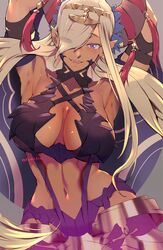 1girls abs absurd_res armor armpits arms_behind_head arms_up asymmetrical_horns bangs blonde_hair blush breasts cleavage cleavage_cutout clothing_cutout collarbone cowboy_shot dark-skinned_female dark_skin dragon_girl dragon_horns fangs female female_only fire_emblem fire_emblem_engage gradient gradient_background grey_hair grey_horns hair_over_one_eye headpiece hi_res highres horn_ornament horns jewelry koda1ra large_breasts long_hair looking_at_viewer midriff monster_girl navel nintendo paid_reward_available pointy_ears purple_eyes purple_thighhighs revealing_clothes signature smile solo standing straight-on tassel teeth thighhighs twitter_username very_long_hair wide_hips zephia_(fire_emblem) rating:Questionable score:99 user:nobodyyet