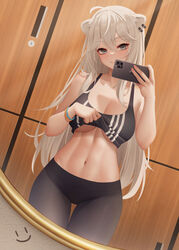 1girls 2022 abs animal_ears bangs belly black_nails black_sports_bra black_spots black_yoga_pants breasts cleavage collarbone eyebrows eyelashes female female_only grey_eyes hand_up highres hololive hololive_gen_5 hololive_japan large_breasts light-skinned_female light_skin lion_ears lion_girl locker locker_room long_hair looking_at_viewer midriff mirror mirror_selfie navel nudes selfie shishiro_botan solo sports_bra sports_bra_lift sports_bra_up sportswear stomach tight_clothes tight_clothing tight_fit tight_pants underboob virtual_youtuber wei_xiao white_hair yoga_pants rating:Questionable score:258 user:St1rolvamp3ler