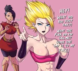 1boy 2girls black_hair caulifla dark-skinned_female dark_hair dark_skin dialogue dragon_ball dragon_ball_super female_saiyan instant_loss kale light-skinned_female light_skin moaning moaning_in_pleasure muscular muscular_female muscular_male once_(artist) onomatopoeia pov simple_background sweat sweatdrop sweating sweaty sweaty_body text text_box text_bubble universe_6 universe_6/universe_7 rating:Explicit score:174 user:Melomeko