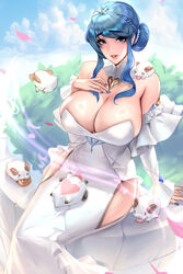 2022 bare_hips bare_shoulders big_breasts blue_hair breasts_focus cianyo crystal_rose_series crystal_rose_sona eyebrows_visible_through_hair hand_on_chest huge_breasts league_of_legends league_of_legends:_wild_rift looking_at_viewer no_bra no_panties no_underwear poro revealing_clothes revealing_dress riot_games smile smiling smiling_at_viewer sona_buvelle wedding_dress white_dress rating:Questionable score:153 user:Lewddude69