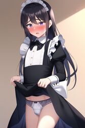 1boy ai_generated blouse blush bulge crossdressing dress femboy flat_chest frills girly lingerie long_hair maid maid_dress maid_headdress maid_uniform male male_only nai_diffusion original panties penis_bulge puffy_sleeves purple_eyes shirt stable_diffusion underwear rating:Questionable score:111 user:FP_19