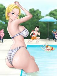 1girls android_18 armpits arms_up beach big_ass blonde_hair blue_eyes bubble_ass bubble_butt bulma_briefs dismaiden dragon_ball dragon_ball_z drowning drowning_in_background female female_focus krillin kuririn light-skinned_female looking_back marron poolside sideboob wet rating:Explicit score:118 user:deleted106046