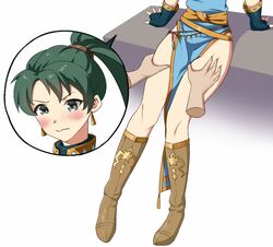 1boy 1girls bare_legs bare_thighs blush boots closed_mouth disembodied_limb earrings embarrassed face_closeup female_focus fire_emblem fire_emblem:_the_blazing_blade frown fully_clothed green_eyes green_hair groping igni_tion jewelry legs lower_body lyn_(fire_emblem) nintendo ponytail sitting solo_focus speech_bubble thigh_focus thigh_grab thighs rating:Questionable score:45 user:goldyroger