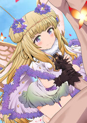 1boy 1girls antennae bangs black_gloves blonde_hair blunt_bangs blush brown_hairband butterfly_wings closed_mouth clothed_female_nude_male commission dress female flower gloved_handjob glovejob gloves granblue_fantasy hair_flower hair_ornament hairband handjob highres light-skinned_female light-skinned_male light_skin looking_at_another multicolored_clothes multicolored_dress nude onibi_2 penis purple_eyes skeb_commission smile straight sylph_(granblue_fantasy) wings rating:Explicit score:23 user:bot