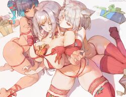 3girls absurd_res ass ass_cleavage blue_eyes blue_hair blush braid breast_size_difference breasts bubble_butt butt_crack cat_ears catgirl christmas christmas_present cleavage cutesexyrobutts dominant dominant_female embarrassed ethel_(xenoblade) female female_only femdom femsub grin hartman_hips highres huge_breasts kemonomimi large_ass large_breasts light-skinned_female light_skin lingerie long_hair mio_(xenoblade) multiple_doms multiple_doms_one_sub multiple_girls nipples present ribbon ribbon_in_hair sena_(xenoblade) short_hair side_ponytail silver_hair smile submissive submissive_female tan tan-skinned_female tanned_skin thick_thighs thighhighs very_long_hair white_hair wide_hips xenoblade_(series) xenoblade_chronicles_3 yuri rating:Explicit score:421 user:NightSky77