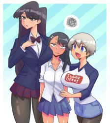 3girls anger_vein angry big_breasts black_hair blue_eyes breast_envy breasts brown_eyes clothed clothing crossover curvy female female_focus female_only grey_hair hayase_nagatoro hi_res highres jealous komi-san_wa_komyushou_desu komi_shouko konaloid light-skinned_female long_hair looking_at_viewer looking_away petite please_don't_bully_me,_nagatoro revealing_clothes simple_background skirt small_breasts tan tan-skinned_female tan_body tan_skin tanned tanned_female text uzaki-chan_wa_asobitai! uzaki_hana wide_hips rating:Questionable score:106 user:Sunset_Love