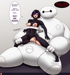 1girls areolae baymax big_hero_6 black_hair blush bodysuit bot_talk breasts dialogue disney english_text female gogo_tomago human_penetrated leg_grab liuskin looking_back marvel medium_hair nipples purple_highlights pussy restrained_legs robot robot_on_human robot_penis sex_machine speech_bubble torn_bodysuit very_high_resolution rating:Explicit score:137 user:!nner$elf89