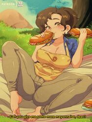 barefoot blanket bluethebone blush brown_eyes brown_hair cameltoe cleavage creatures_(company) earrings eating female food game_freak implied_incest incest large_breasts mature_female milf mother_(pokemon_sv) nintendo outdoors picnic pokemon pokemon_sv retro_artstyle sandwich sandwich_(food) subtitled rating:Explicit score:233 user:Mang