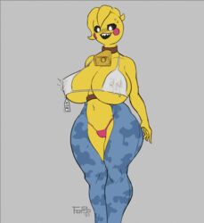 1girls 2022 animatronic anthro avian beakless bikini bird black_sclera blush breasts cameltoe chica_(fnaf) chicken cow_print cowbell digital_media_(artwork) eyelashes female fingers five_nights_at_freddy's five_nights_at_freddy's_2 forgo galliform gallus_(genus) huge_breasts ineffective_clothing lactation lactation_through_clothes machine navel phasianid robot scottgames slightly_chubby solo thick_thighs toy_chica_(fnaf) video_games white_eyes yellow_body rating:Explicit score:201 user:F0rgo