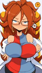 1girls android_21 blue_eyes blush brown_hair clothed coat dragon_ball dragon_ball_fighterz earrings glasses heart heart hoop_earrings jellcaps labcoat large_breasts lipstick nail_polish ring solo suggestive_look rating:Explicit score:76 user:bbMemphis