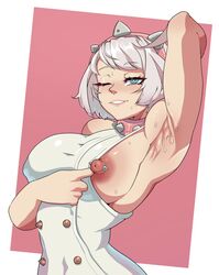 1girls armpits byme elphelt_valentine guilty_gear guilty_gear_strive large_breasts nipple_piercing nipples pale-skinned_female pale_skin presenting_breasts short_hair white_hair rating:Explicit score:161 user:Qwasty